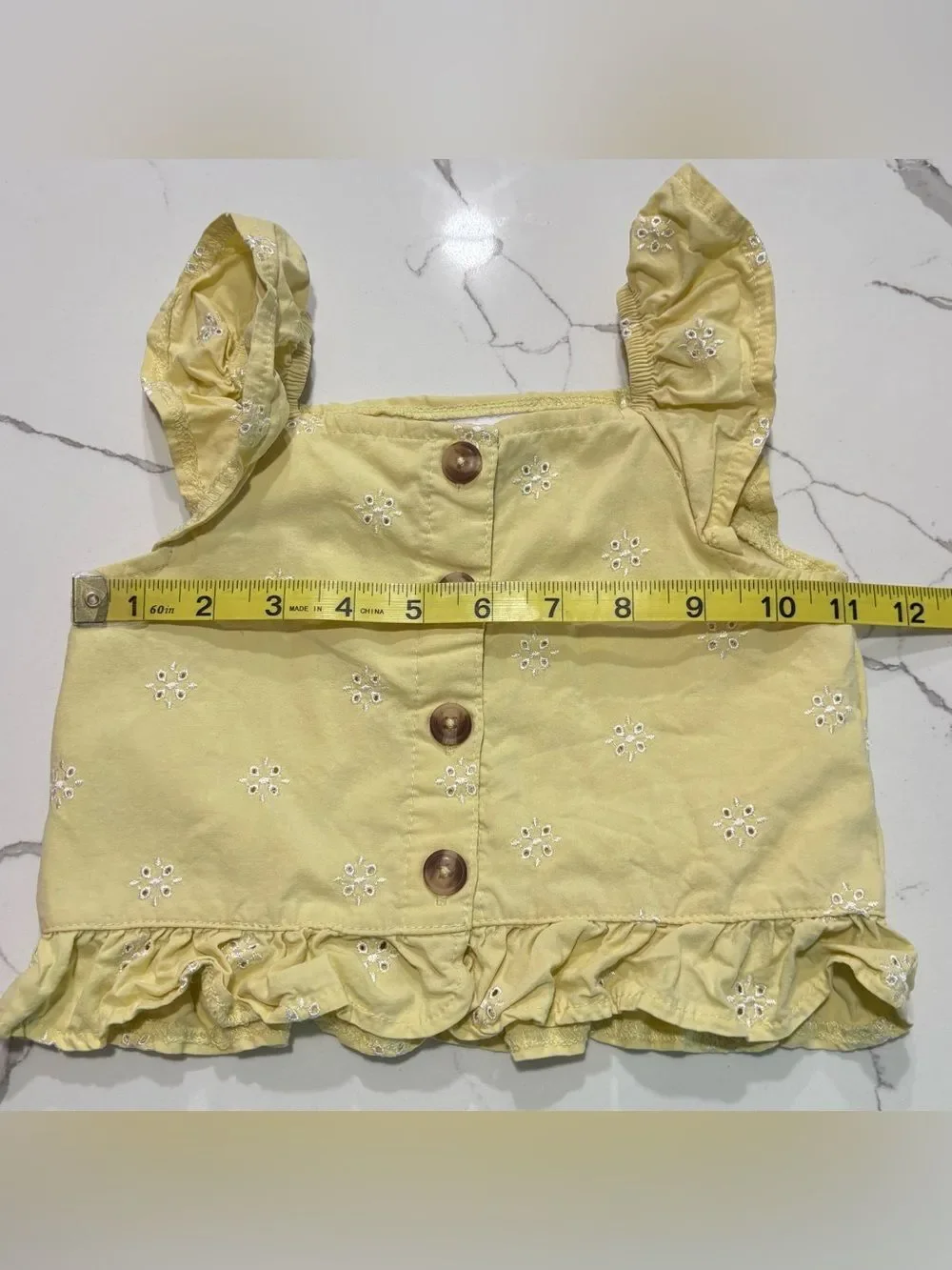 Little Lass Yellow Eyelet Ruffle Strap Sleeveless Wooden Button Down Tank Top 3T